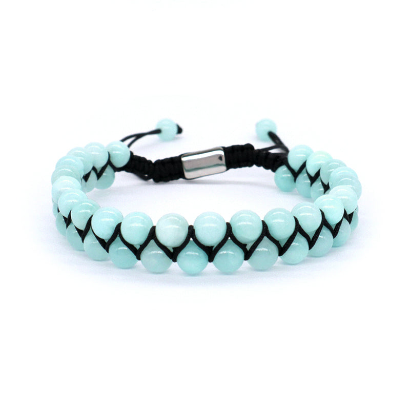 Custom Mens Women Stainless Steel Logo Handmade Woven Double Layer Macrame 6mm Colorful Jade Natural Lapis Turquoise Bracelet