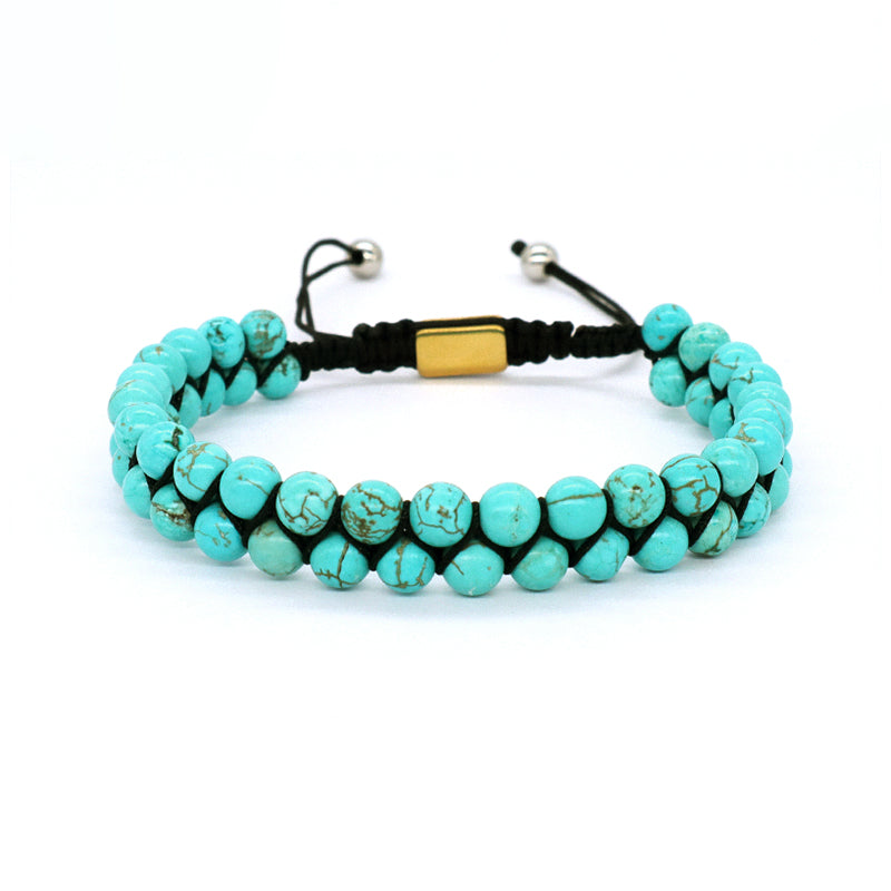 Custom Mens Women Stainless Steel Logo Handmade Woven Double Layer Macrame 6mm Colorful Jade Natural Lapis Turquoise Bracelet