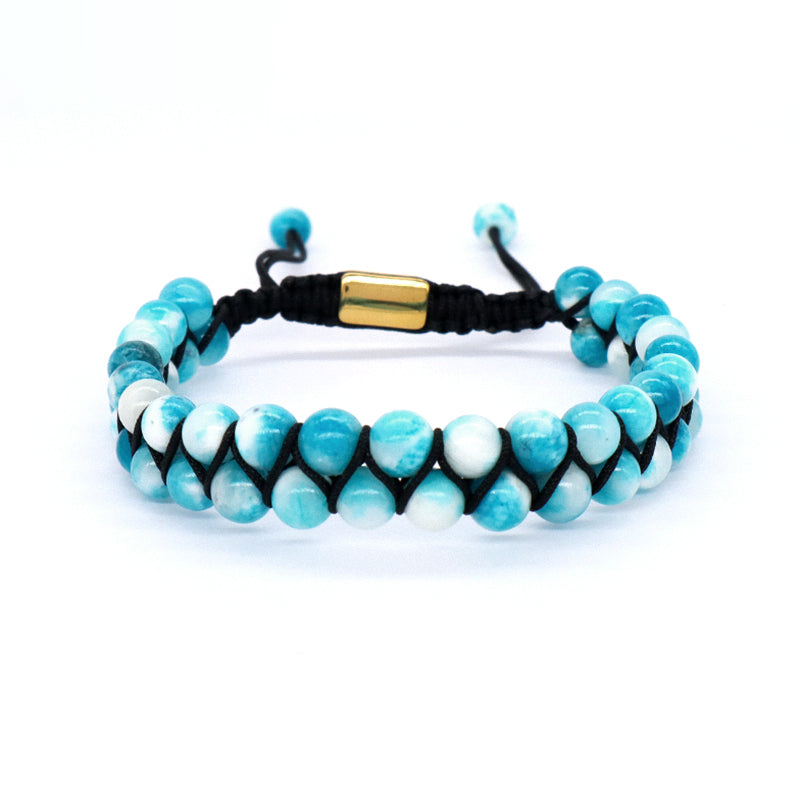 Custom Mens Women Stainless Steel Logo Handmade Woven Double Layer Macrame 6mm Colorful Jade Natural Lapis Turquoise Bracelet