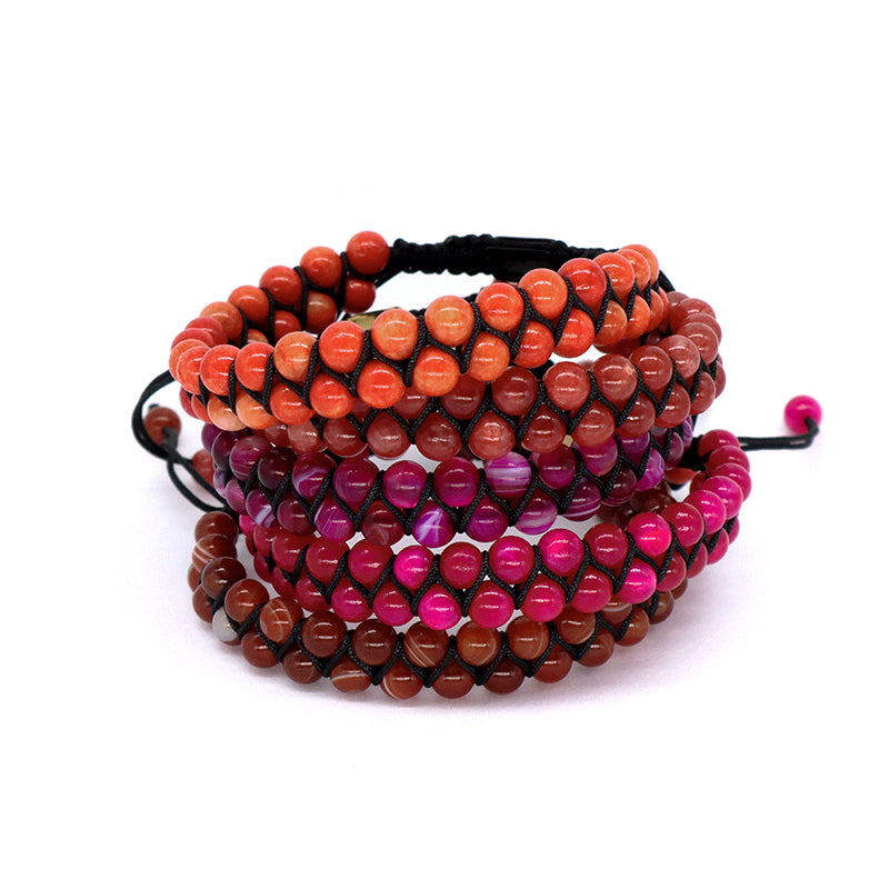 Handmade Customized Stainless Steel Logo Woven Double Layer 6mm Natural Striped Fire agate Beads Macrame Bracelet For Mens Women