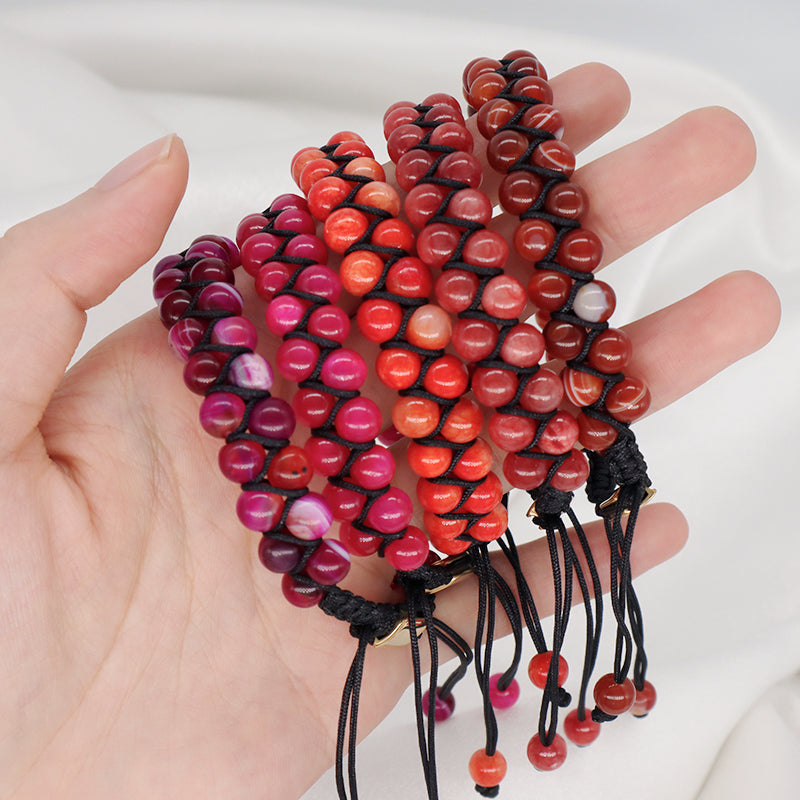 Handmade Customized Stainless Steel Logo Woven Double Layer 6mm Natural Striped Fire agate Beads Macrame Bracelet For Mens Women