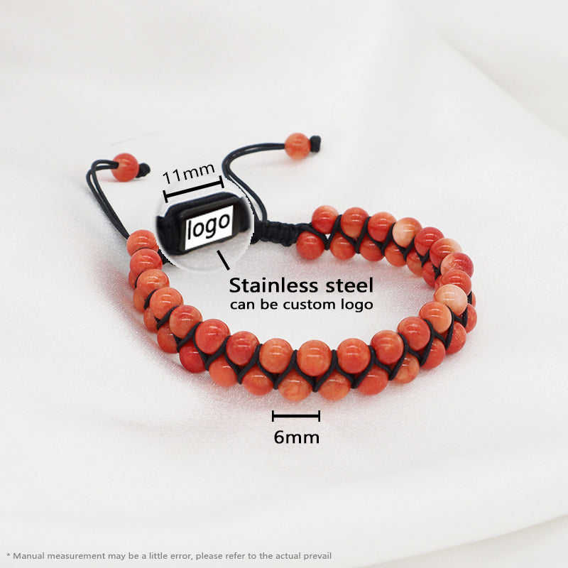 Handmade Customized Stainless Steel Logo Woven Double Layer 6mm Natural Striped Fire agate Beads Macrame Bracelet For Mens Women