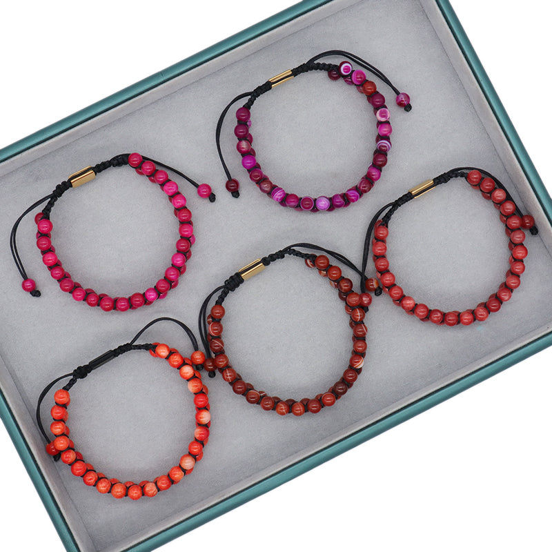 Handmade Customized Stainless Steel Logo Woven Double Layer 6mm Natural Striped Fire agate Beads Macrame Bracelet For Mens Women