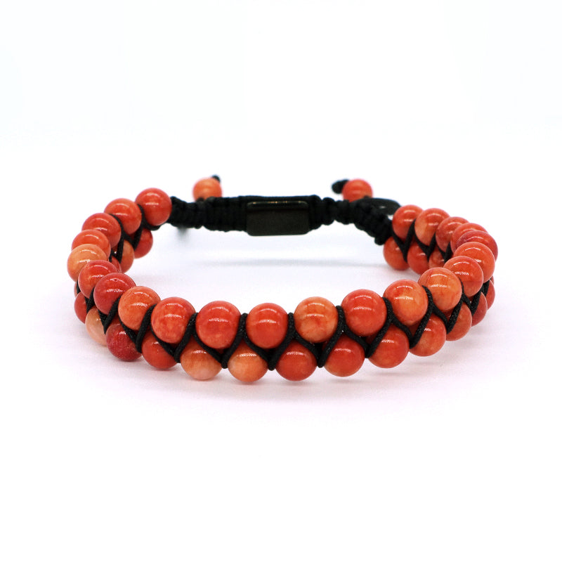 Handmade Customized Stainless Steel Logo Woven Double Layer 6mm Natural Striped Fire agate Beads Macrame Bracelet For Mens Women