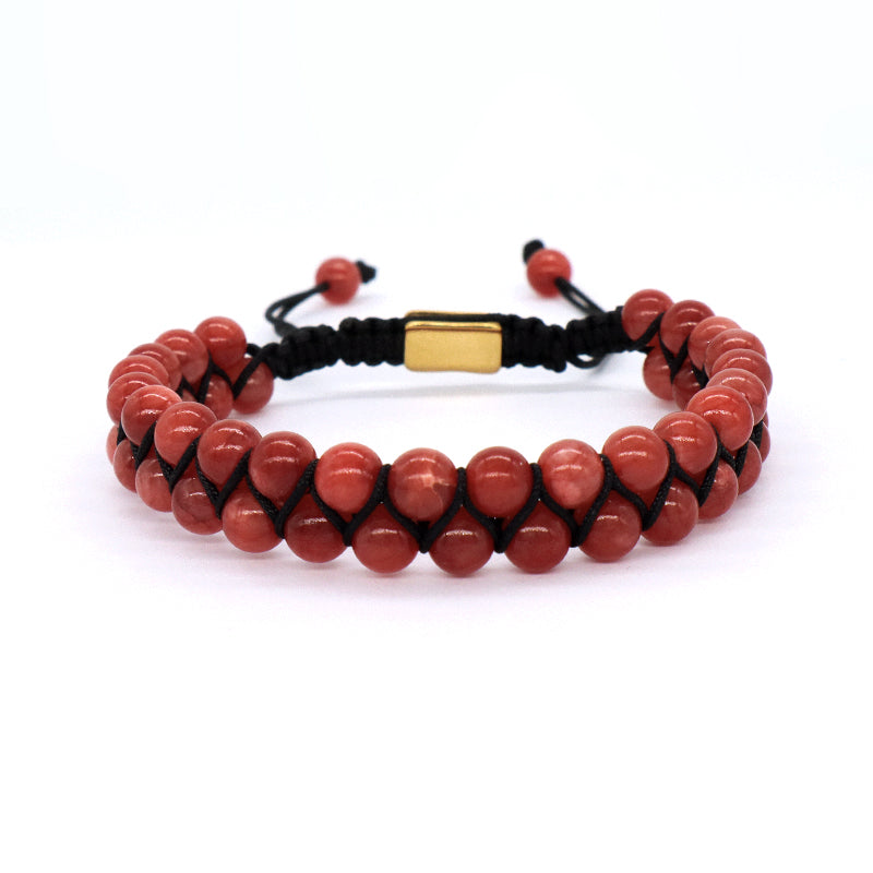 Handmade Customized Stainless Steel Logo Woven Double Layer 6mm Natural Striped Fire agate Beads Macrame Bracelet For Mens Women