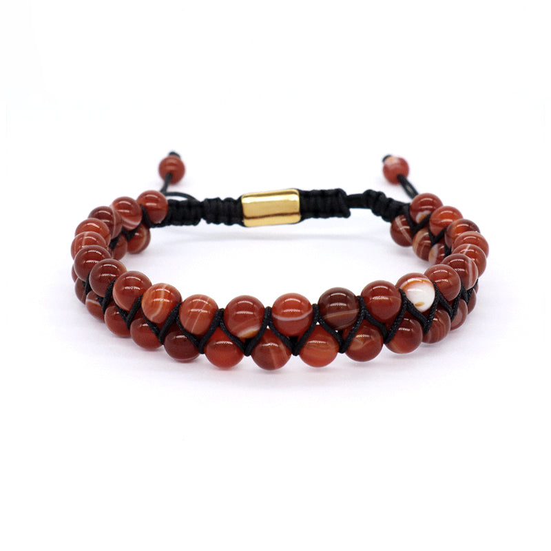 Handmade Customized Stainless Steel Logo Woven Double Layer 6mm Natural Striped Fire agate Beads Macrame Bracelet For Mens Women