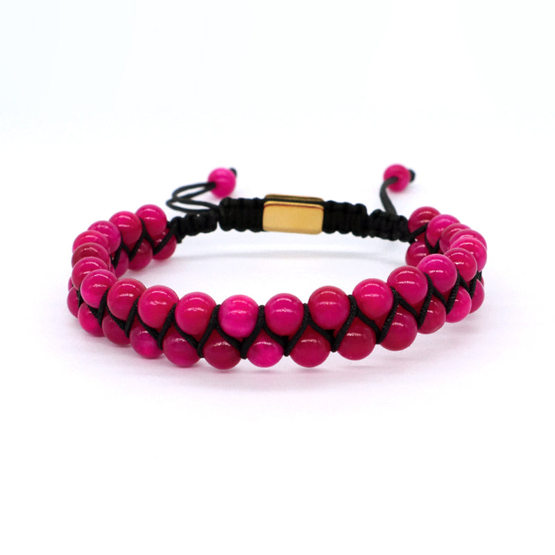 Handmade Customized Stainless Steel Logo Woven Double Layer 6mm Natural Striped Fire agate Beads Macrame Bracelet For Mens Women