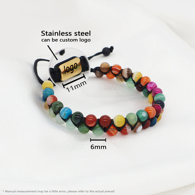 Factory Make Handmade Customize Stainless Steel Logo 6mm Real Natural Stone Agate Bead Jewelry Men Women Macrame Custom Bracelet