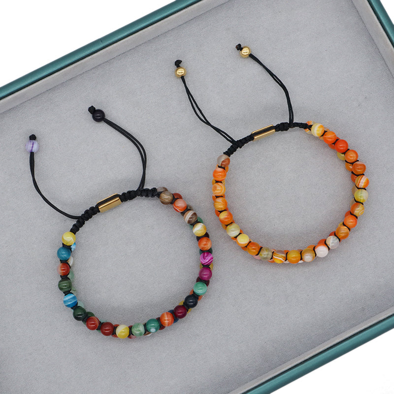 Factory Make Handmade Customize Stainless Steel Logo 6mm Real Natural Stone Agate Bead Jewelry Men Women Macrame Custom Bracelet