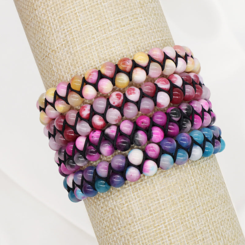 High Quality Double Layer Natural Stone 6mm Colorful Jade Beads Stainless Steel Logo Custom Woven Macrame Bracelet For Men Women