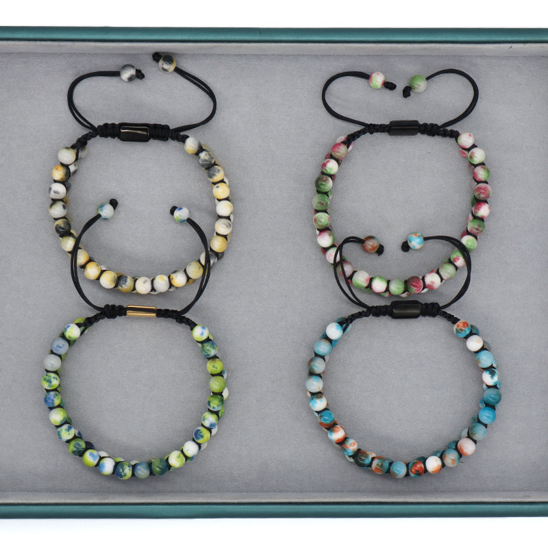 New Color Women Men 6mm Colorful Jade Beads Natural Stone Gemstone Stainless Steel Custom Logo Woven Macrame Adjustable Bracelet