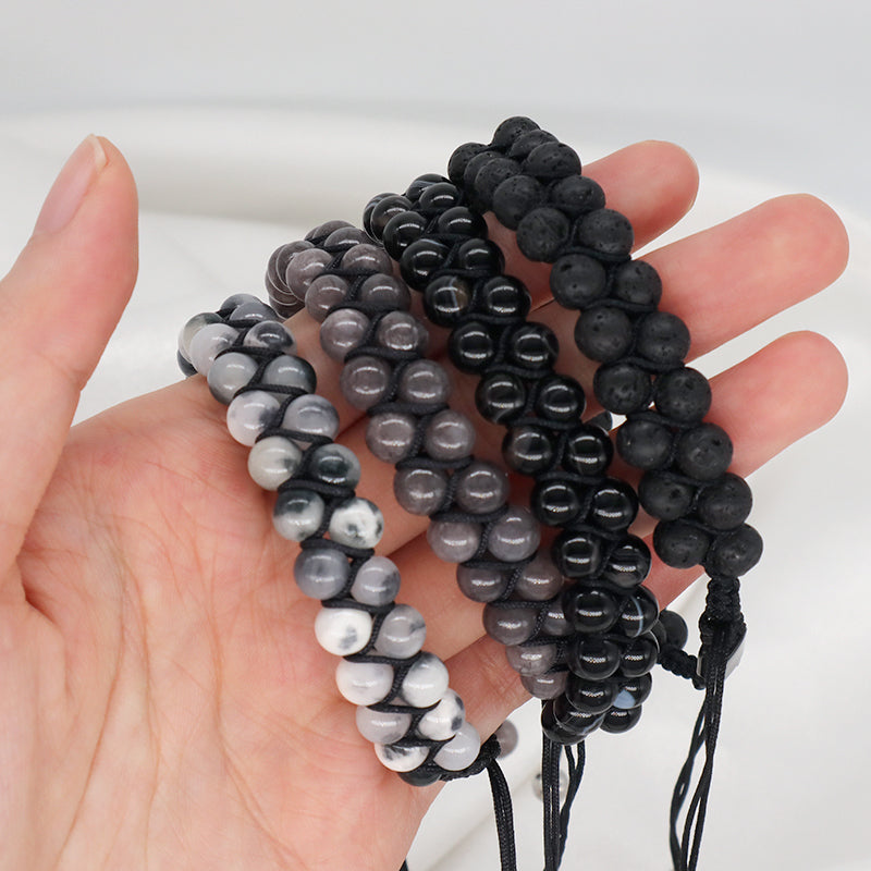 Double Layer Handmade Custom Stainless Steel Logo Woven Macrame Natural Stone 6mm Colorful Jade Agate Lava Beads Men Bracelet