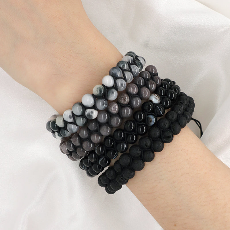 Double Layer Handmade Custom Stainless Steel Logo Woven Macrame Natural Stone 6mm Colorful Jade Agate Lava Beads Men Bracelet