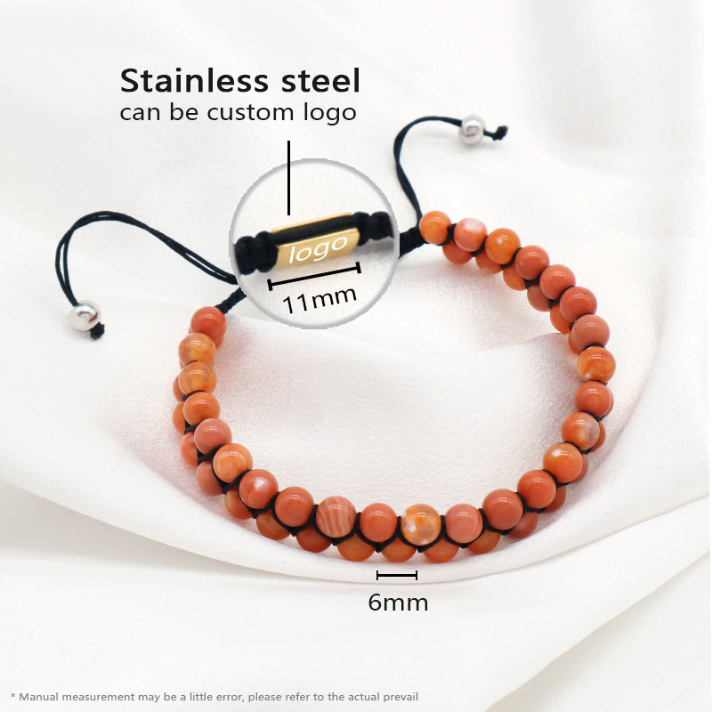 Customized Stainless Steel Logo Women Men Double Layer Natural Stone Handmade Woven Cord Macrame 6mm Colorful Jade Bead Bracelet