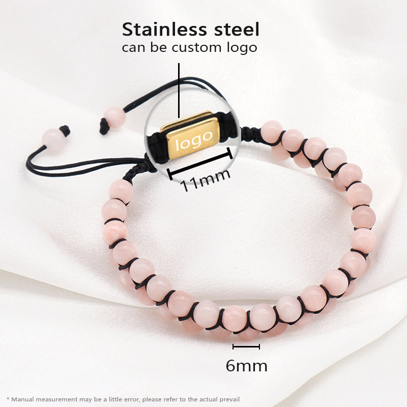 Wholesale Pink Women High Quality Fashion Natural 6mm Colorful Jade Bead Stainless Steel Custom Logo Macrame Adjustable Bracelet