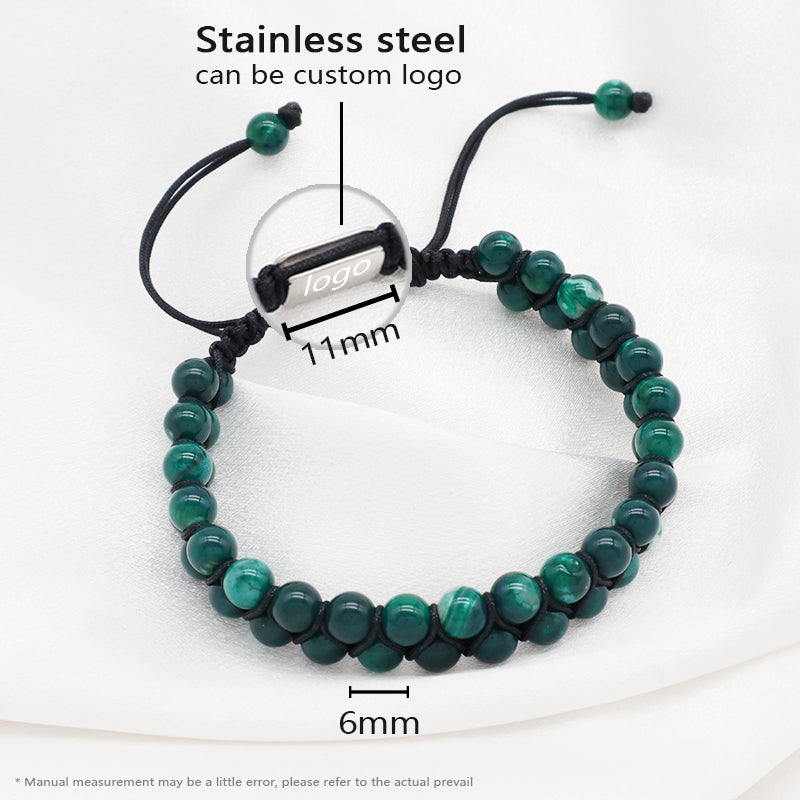 Handmade New Custom Stainless Steel Logo Natural Stone Woven Braided 6mm Colorful Jade Beads Macrame Bracelet Jewelry Women Men