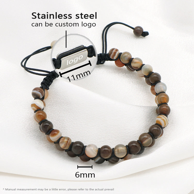 Natural Gemstone 6mm Beads Custom Stainless Steel Logo Handmade Braided Woven Cord Colorful Jade Macrame Bracelet For Women Men