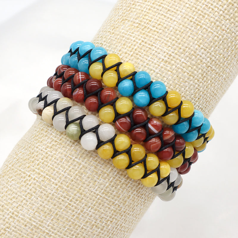 Handmade Braided Woven Cord Custom Stainless Steel Logo Men Women Macrame Natural 6mm Colorful Jade Striped Agate Beads Bracelet