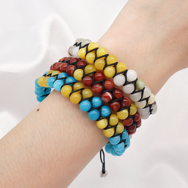 Handmade Braided Woven Cord Custom Stainless Steel Logo Men Women Macrame Natural 6mm Colorful Jade Striped Agate Beads Bracelet