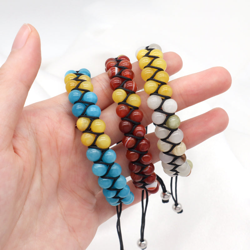 Handmade Braided Woven Cord Custom Stainless Steel Logo Men Women Macrame Natural 6mm Colorful Jade Striped Agate Beads Bracelet