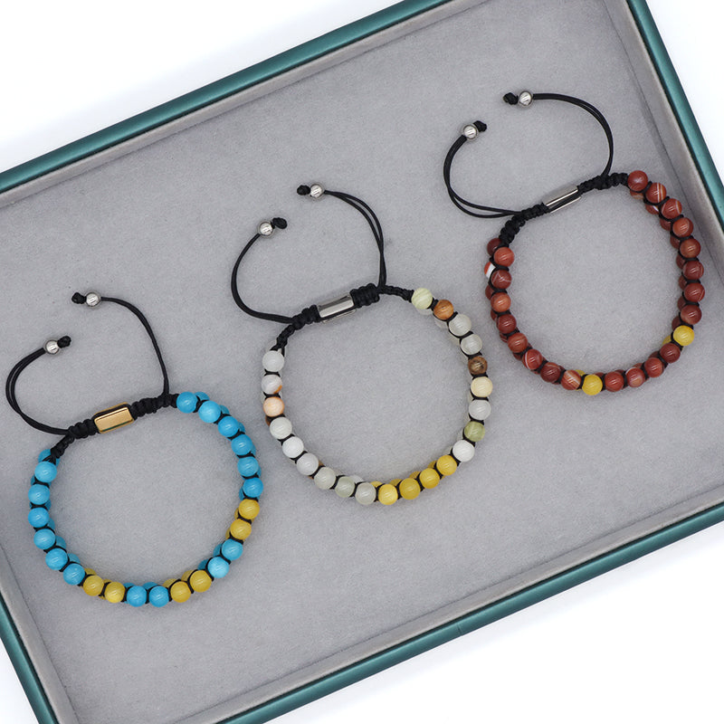 Handmade Braided Woven Cord Custom Stainless Steel Logo Men Women Macrame Natural 6mm Colorful Jade Striped Agate Beads Bracelet