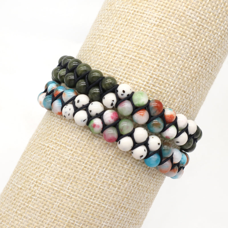 Custom Stainless Steel Logo Men Women Handmade Braided Woven Cord Natural 6mm Colorful Jade Beads Friendship Macrame Bracelet