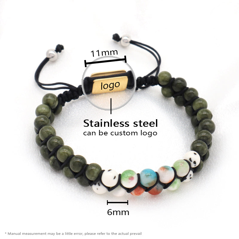 Custom Stainless Steel Logo Men Women Handmade Braided Woven Cord Natural 6mm Colorful Jade Beads Friendship Macrame Bracelet