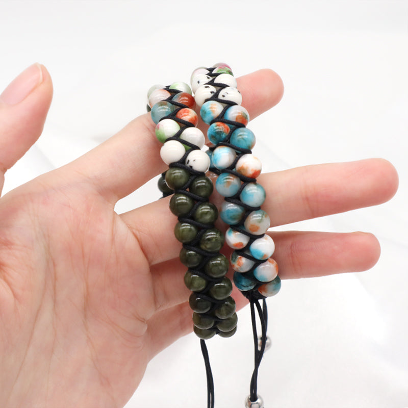 Custom Stainless Steel Logo Men Women Handmade Braided Woven Cord Natural 6mm Colorful Jade Beads Friendship Macrame Bracelet
