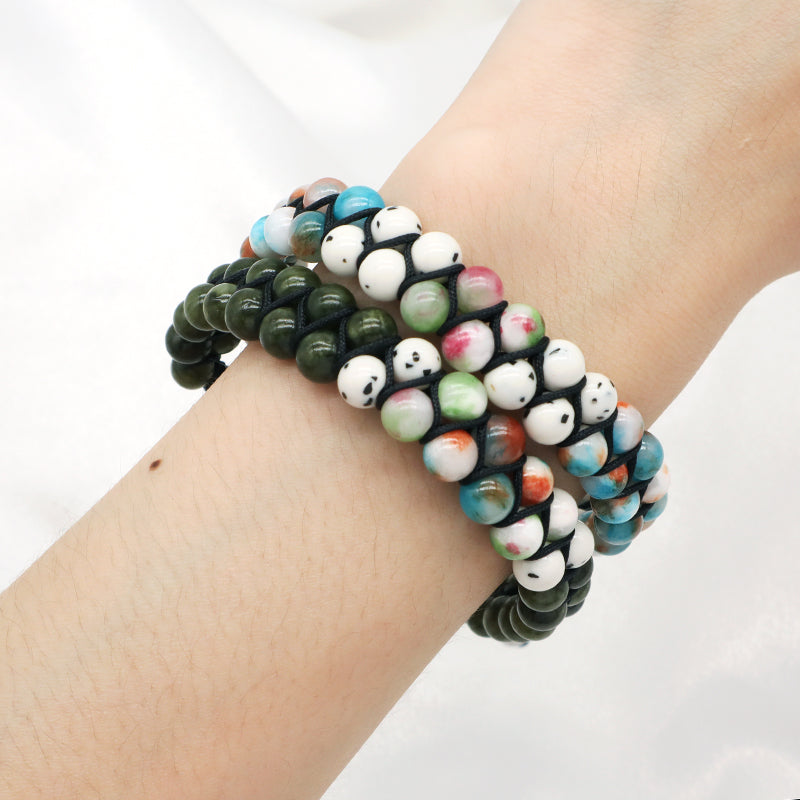 Custom Stainless Steel Logo Men Women Handmade Braided Woven Cord Natural 6mm Colorful Jade Beads Friendship Macrame Bracelet