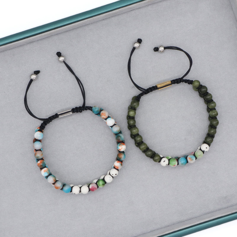 Custom Stainless Steel Logo Men Women Handmade Braided Woven Cord Natural 6mm Colorful Jade Beads Friendship Macrame Bracelet