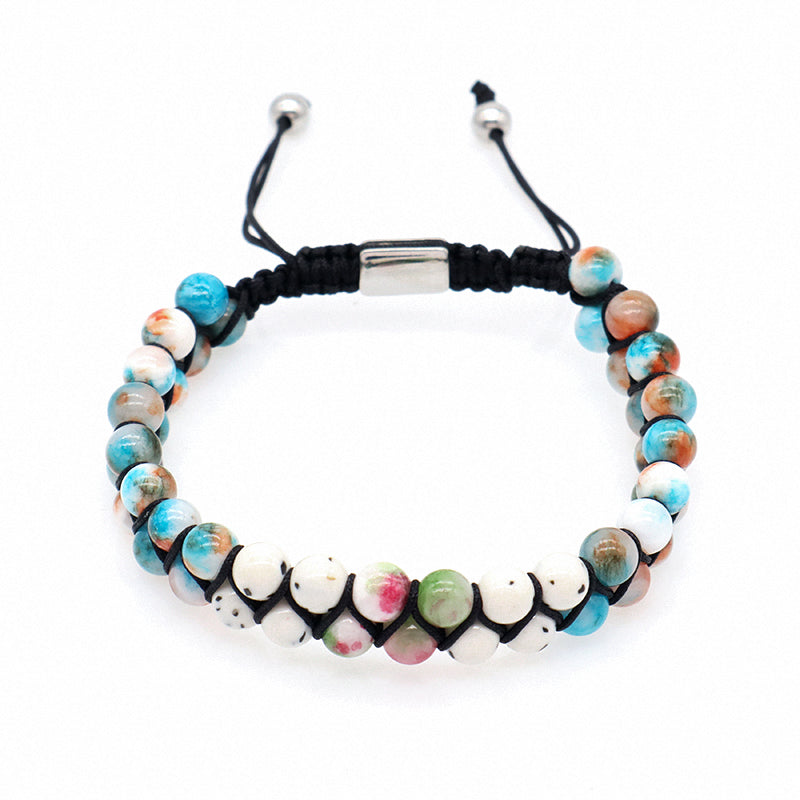 Custom Stainless Steel Logo Men Women Handmade Braided Woven Cord Natural 6mm Colorful Jade Beads Friendship Macrame Bracelet