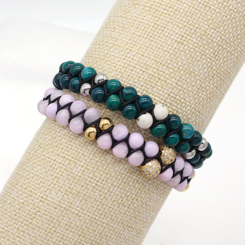 New Fashion Micro CZ Pave Ball Men Women Jewelry 6mm Colorful Jade Beads Custom Stainless Steel Logo Macrame Adjustable Bracelet
