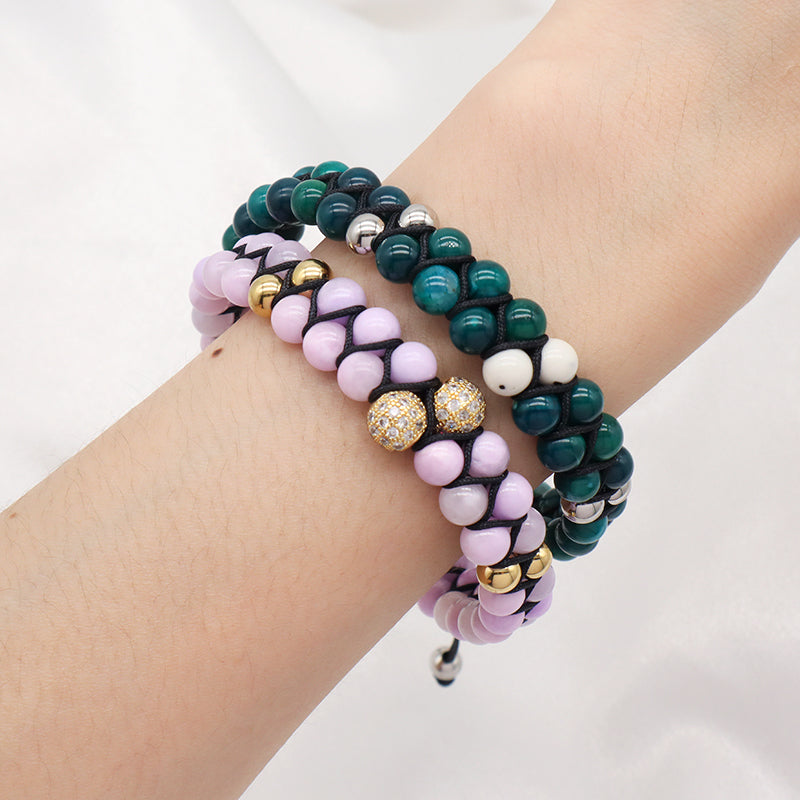 New Fashion Micro CZ Pave Ball Men Women Jewelry 6mm Colorful Jade Beads Custom Stainless Steel Logo Macrame Adjustable Bracelet