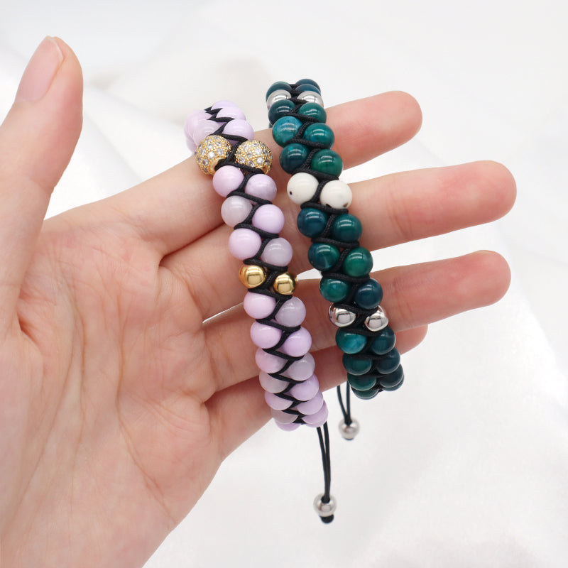 New Fashion Micro CZ Pave Ball Men Women Jewelry 6mm Colorful Jade Beads Custom Stainless Steel Logo Macrame Adjustable Bracelet
