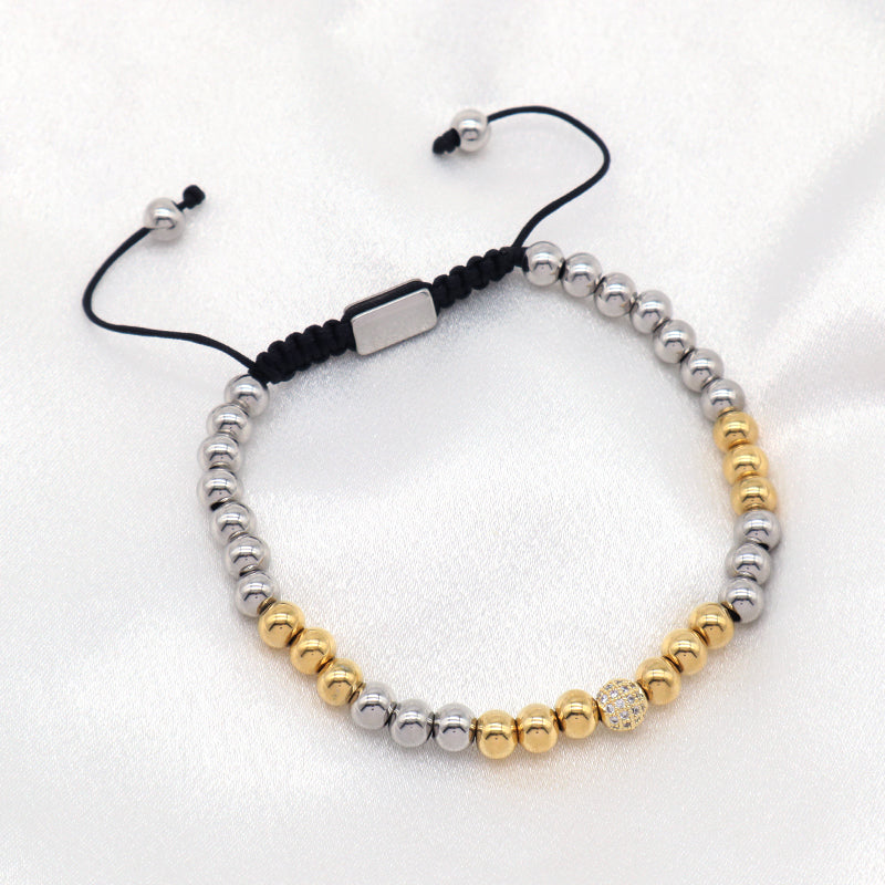 Wholesale Custom Ajustable Braided Cord CZ 4mm 6mm Gold Plated Handmade Stainless Steel Beaded Macrame Bracelet For Men Women