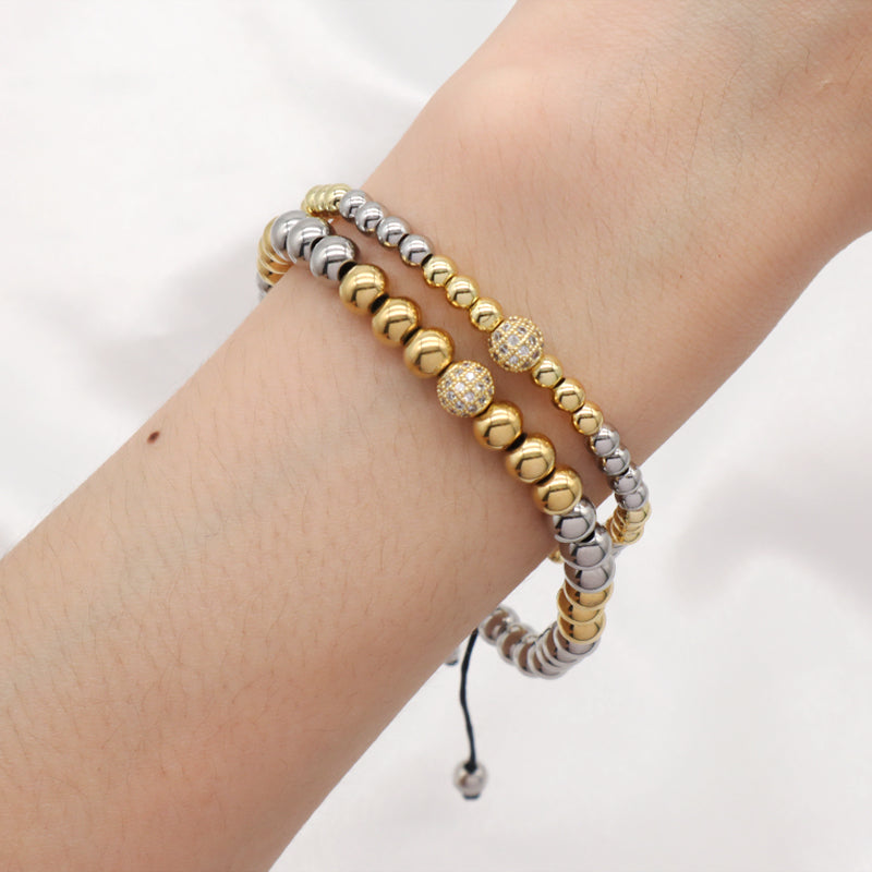 Wholesale Custom Ajustable Braided Cord CZ 4mm 6mm Gold Plated Handmade Stainless Steel Beaded Macrame Bracelet For Men Women