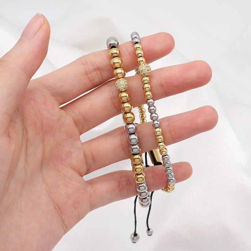 Wholesale Custom Ajustable Braided Cord CZ 4mm 6mm Gold Plated Handmade Stainless Steel Beaded Macrame Bracelet For Men Women