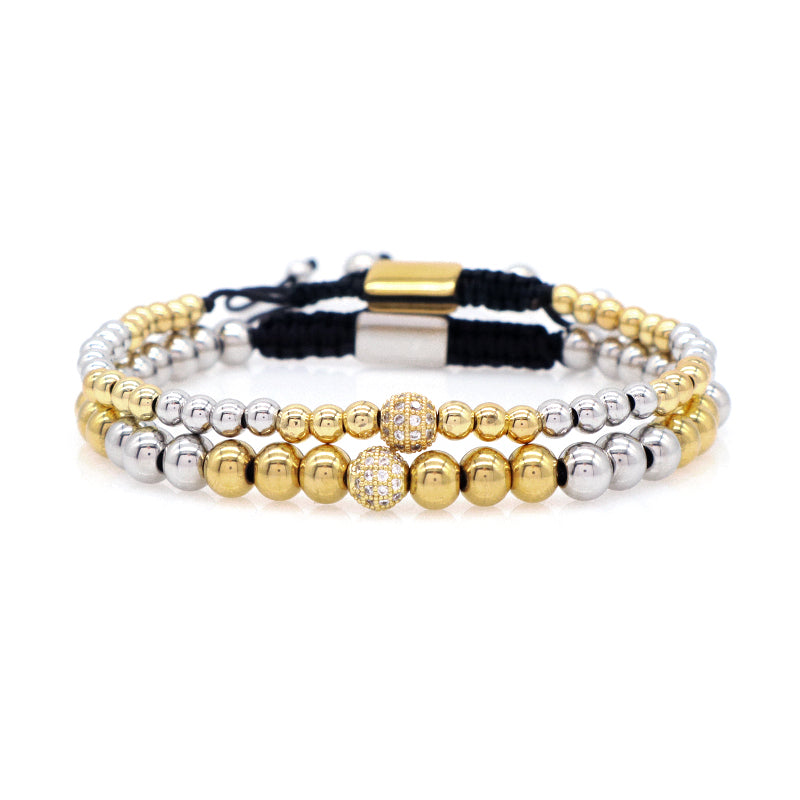 Wholesale Custom Ajustable Braided Cord CZ 4mm 6mm Gold Plated Handmade Stainless Steel Beaded Macrame Bracelet For Men Women