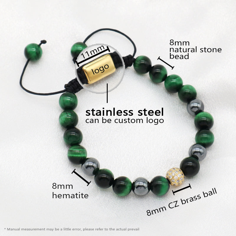 Handmade Woven Macrame Jewelry Custom Stainless Steel Logo CZ Beads Braided 8mm Natural Stone Tiger Eyes Lava Bead Men Bracelet