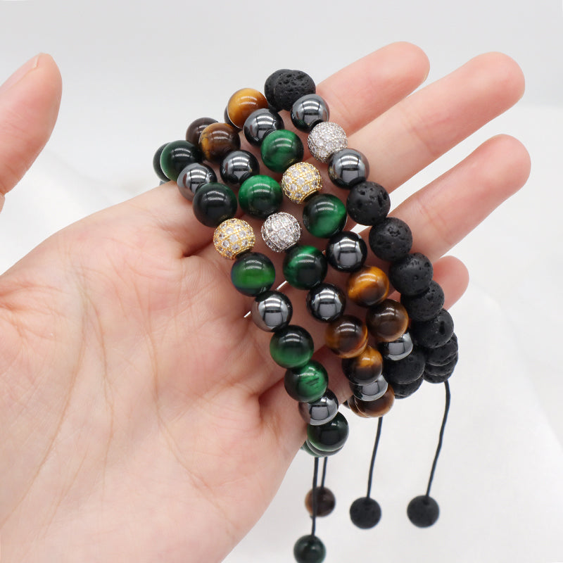 Handmade Woven Macrame Jewelry Custom Stainless Steel Logo CZ Beads Braided 8mm Natural Stone Tiger Eyes Lava Bead Men Bracelet