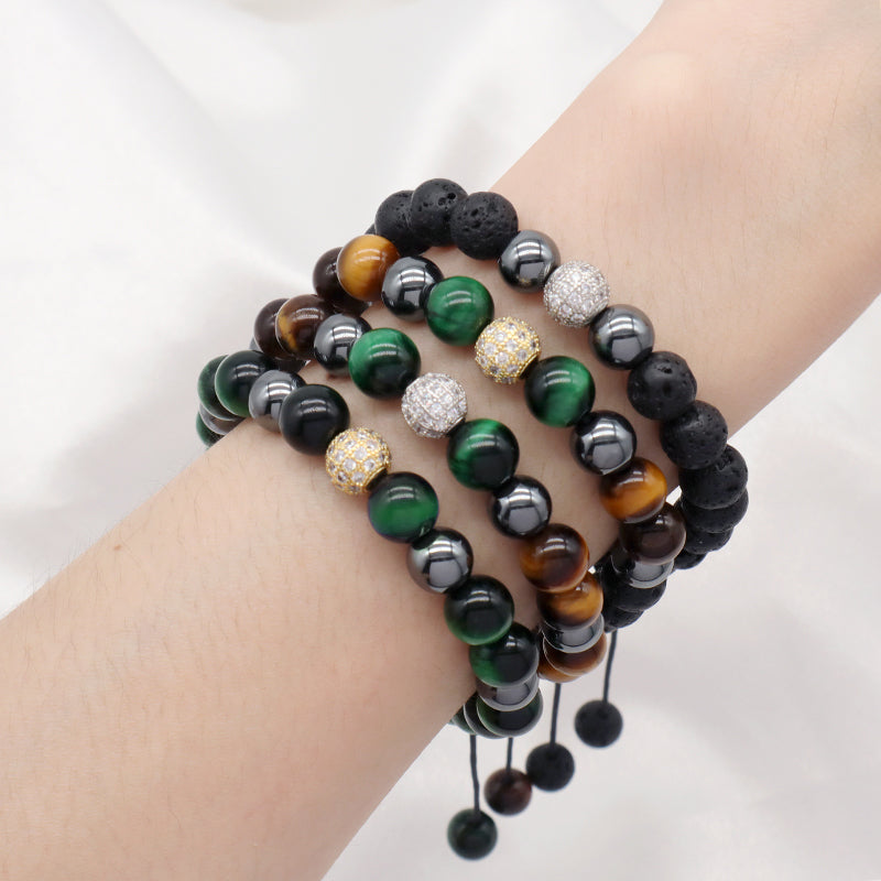 Handmade Woven Macrame Jewelry Custom Stainless Steel Logo CZ Beads Braided 8mm Natural Stone Tiger Eyes Lava Bead Men Bracelet
