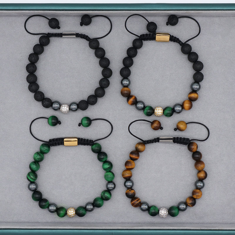 Handmade Woven Macrame Jewelry Custom Stainless Steel Logo CZ Beads Braided 8mm Natural Stone Tiger Eyes Lava Bead Men Bracelet
