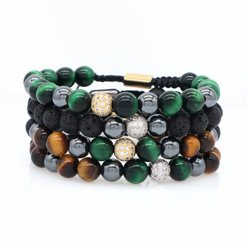 Handmade Woven Macrame Jewelry Custom Stainless Steel Logo CZ Beads Braided 8mm Natural Stone Tiger Eyes Lava Bead Men Bracelet