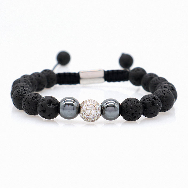 Handmade Woven Macrame Jewelry Custom Stainless Steel Logo CZ Beads Braided 8mm Natural Stone Tiger Eyes Lava Bead Men Bracelet