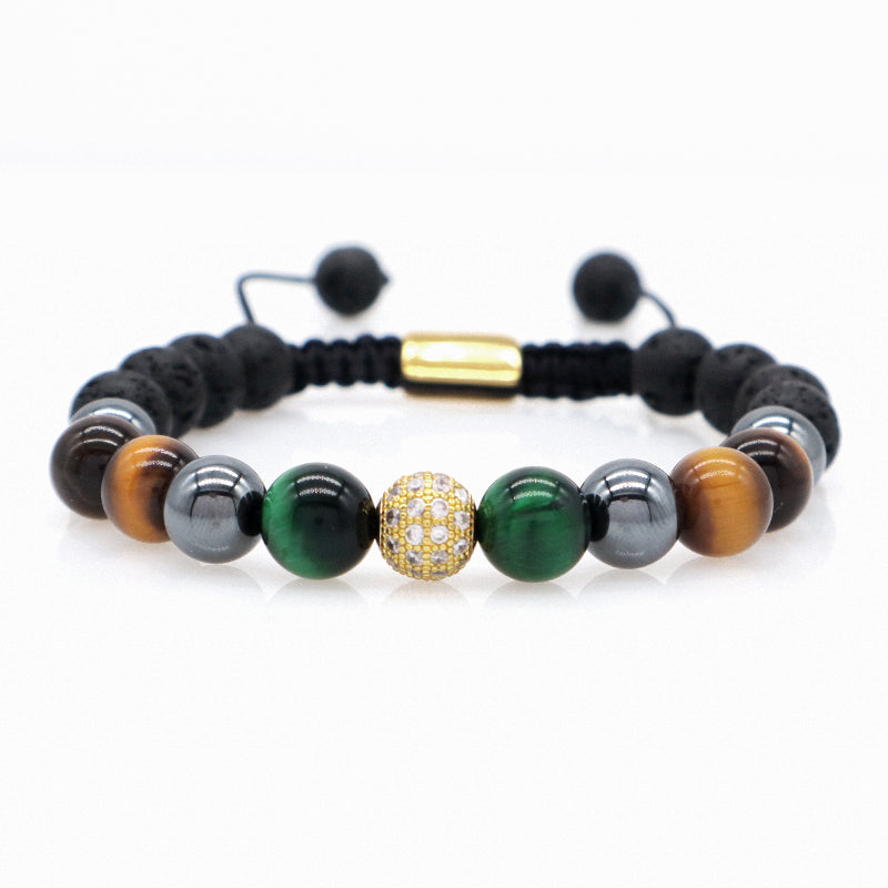 Handmade Woven Macrame Jewelry Custom Stainless Steel Logo CZ Beads Braided 8mm Natural Stone Tiger Eyes Lava Bead Men Bracelet