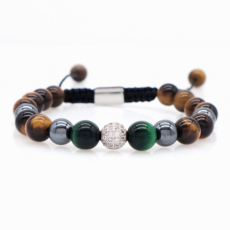 Handmade Woven Macrame Jewelry Custom Stainless Steel Logo CZ Beads Braided 8mm Natural Stone Tiger Eyes Lava Bead Men Bracelet
