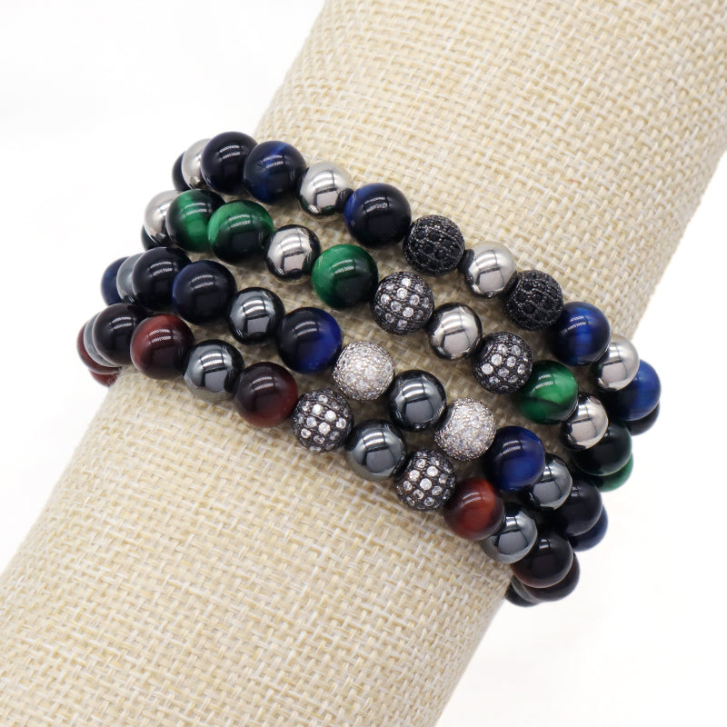 Hand Woven Cord Macrame Jewelry Custom Stainless Steel Logo CZ Beads Braided 8mm Hematite Tiger Eyes Natural Stone Bead Bracelet