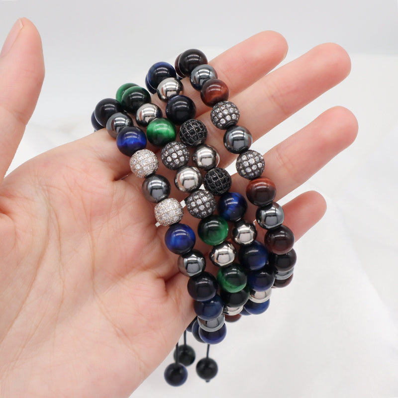 Hand Woven Cord Macrame Jewelry Custom Stainless Steel Logo CZ Beads Braided 8mm Hematite Tiger Eyes Natural Stone Bead Bracelet