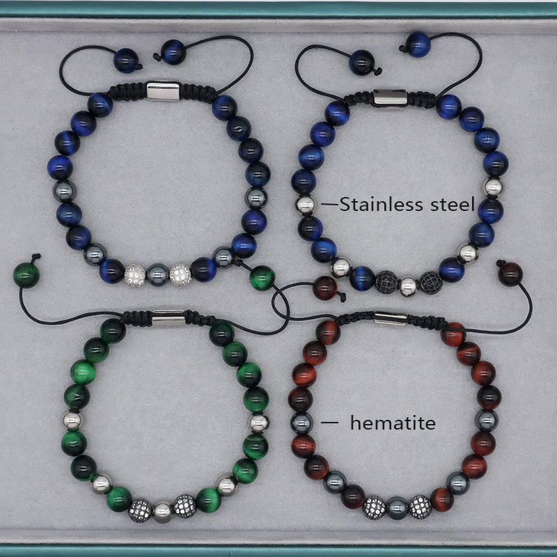Hand Woven Cord Macrame Jewelry Custom Stainless Steel Logo CZ Beads Braided 8mm Hematite Tiger Eyes Natural Stone Bead Bracelet