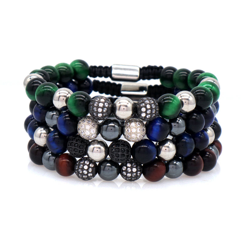 Hand Woven Cord Macrame Jewelry Custom Stainless Steel Logo CZ Beads Braided 8mm Hematite Tiger Eyes Natural Stone Bead Bracelet